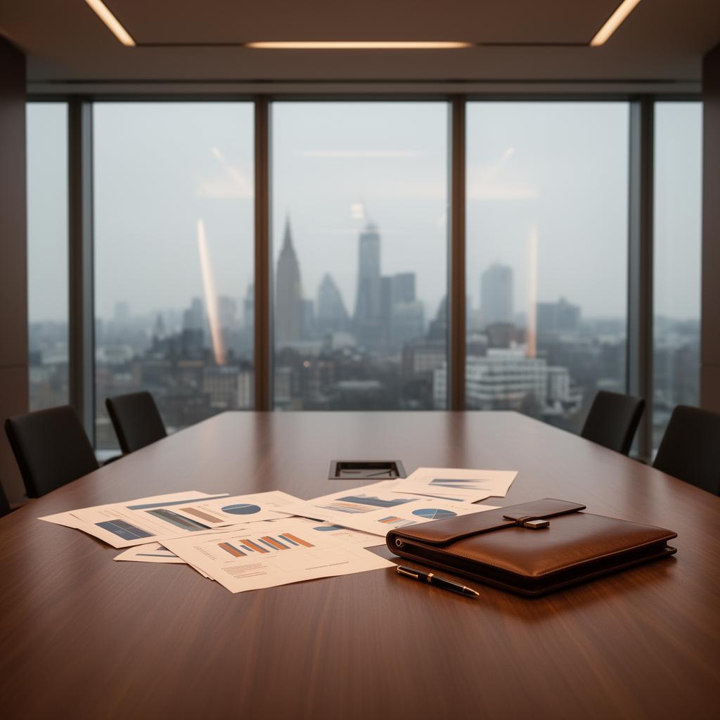 Professional boardroom setting with deal documents and city skyline, representing M&A advisory experience