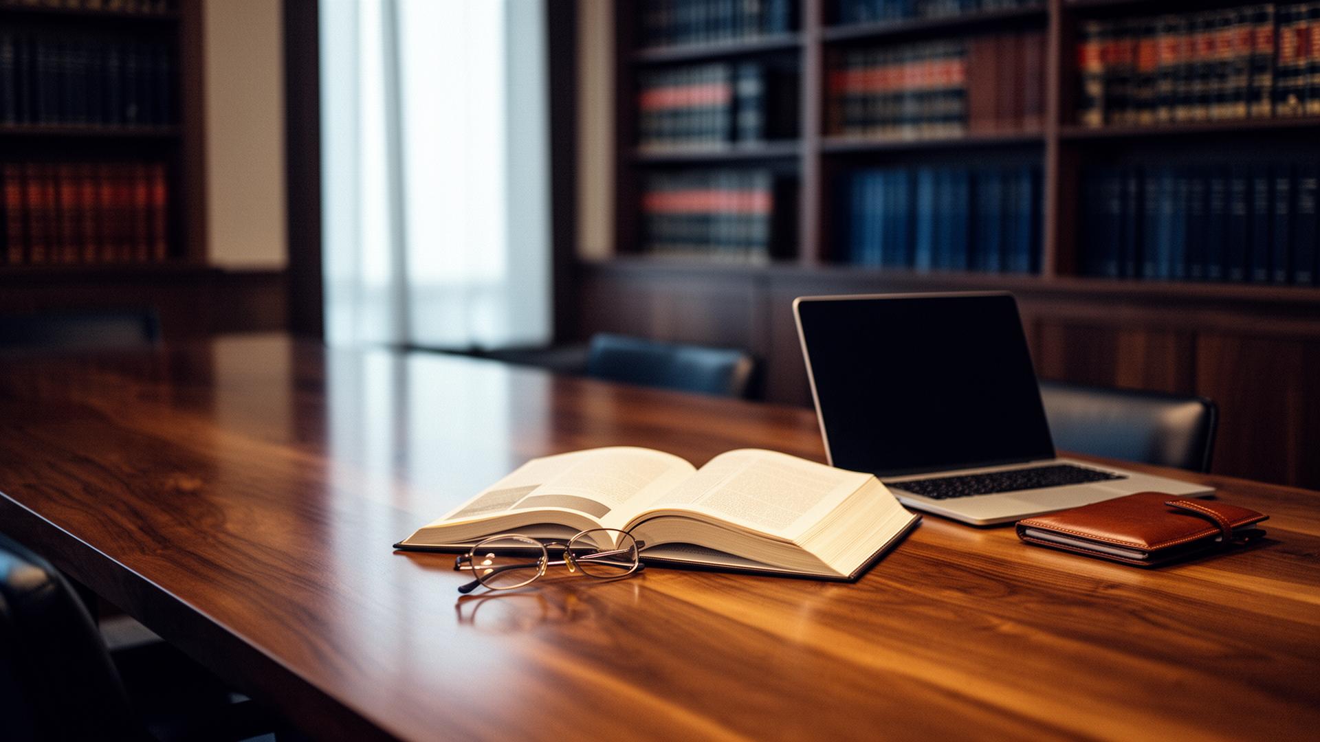 Open book, reading glasses and laptop on a polished walnut table in a senior corporate finance reading room