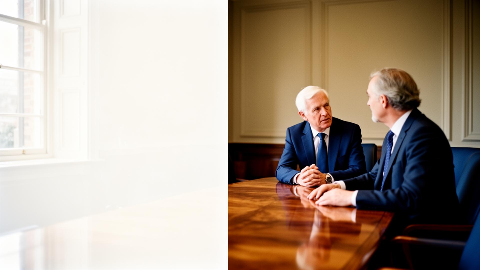 Senior corporate finance adviser in conversation with a UK SME founder across a polished boardroom table