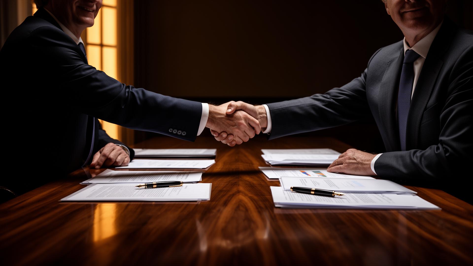 Two senior corporate finance professionals shaking hands across a polished walnut boardroom table during a partial trade sale negotiation