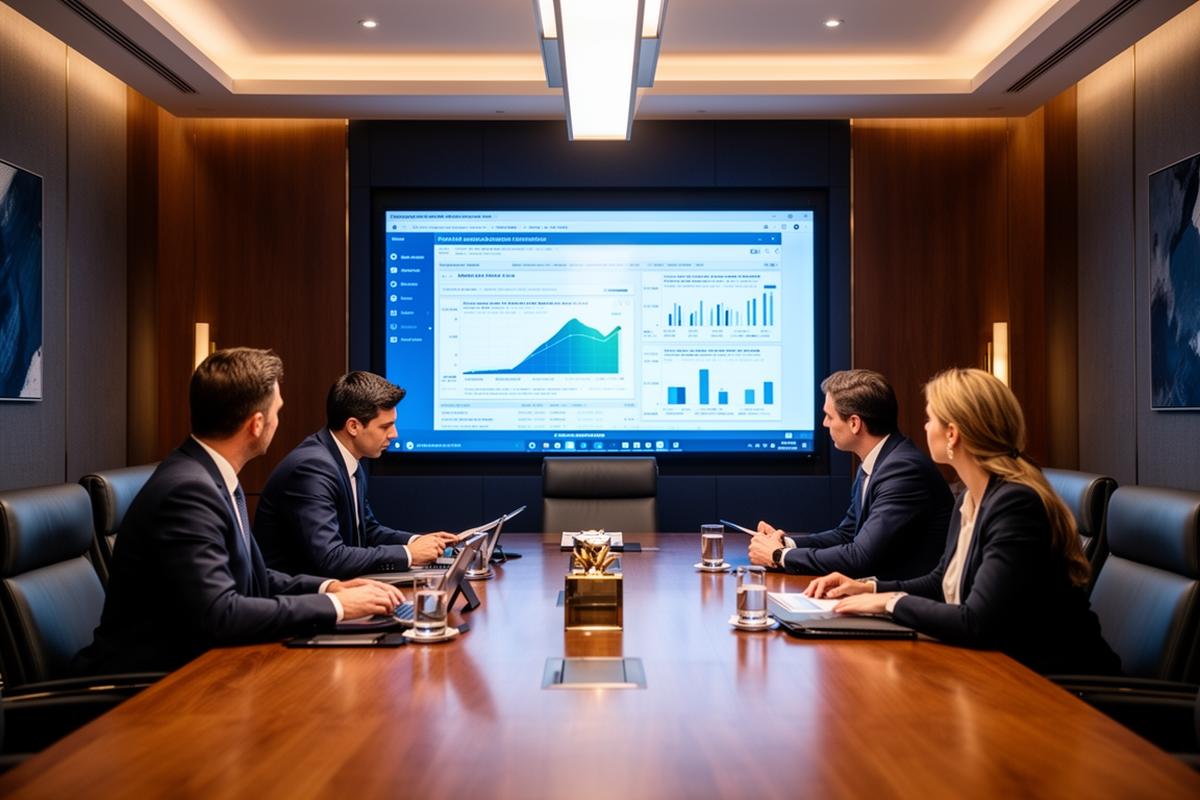 Private equity investment meeting with professionals reviewing financials in a UK boardroom