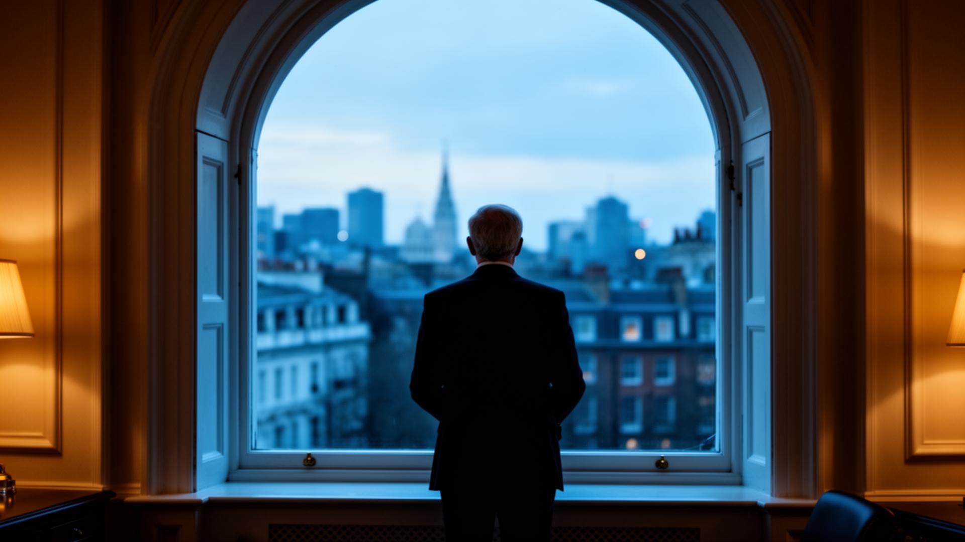 Silhouette of a UK SME founder in a tailored suit standing at a tall arched window of a Georgian townhouse office, considering selling the business they built
