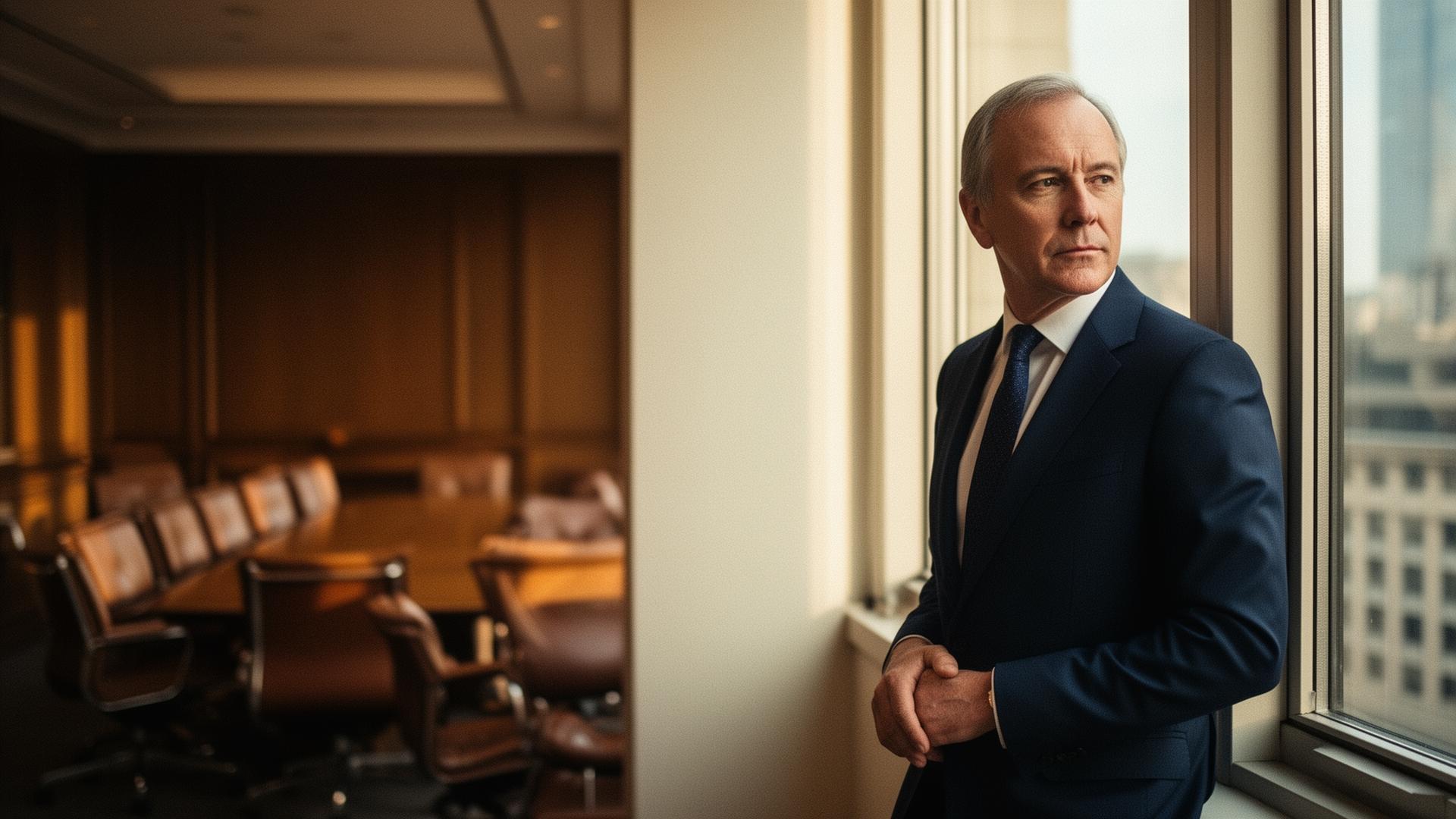 UK SME founder standing at a tall boardroom window in a corporate finance office, considering a majority stake sale