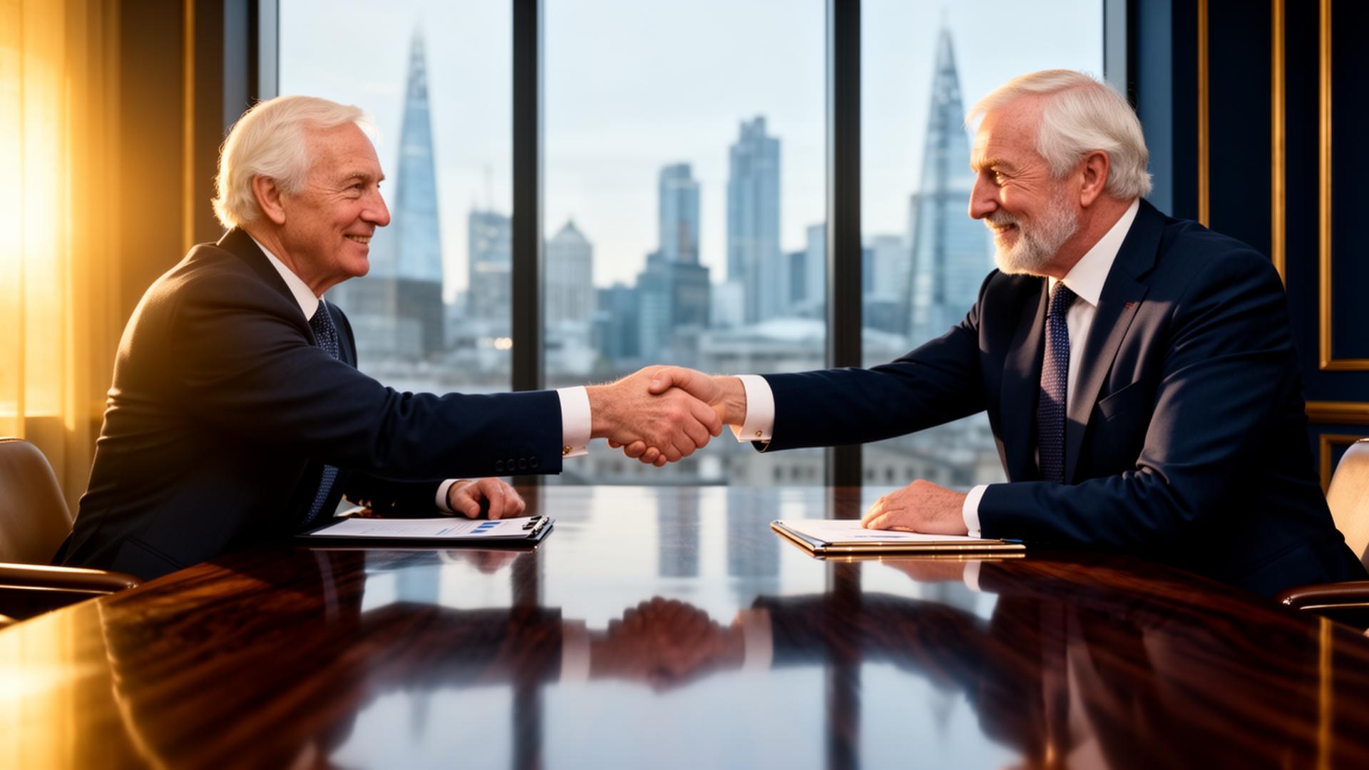 Two senior UK business leaders shaking hands across a polished boardroom table, signalling a complementary trade partnership for a partial business sale